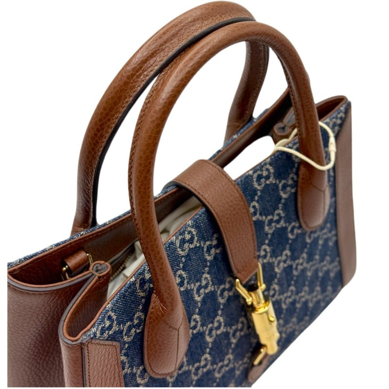 GUCCI古馳 Jackie 1961 金色鎖扣老花滿印織物皮革雙肩帶 帆布拼皮革飾邊 托特包 手提包單肩包 中號 灰藍拼色-4