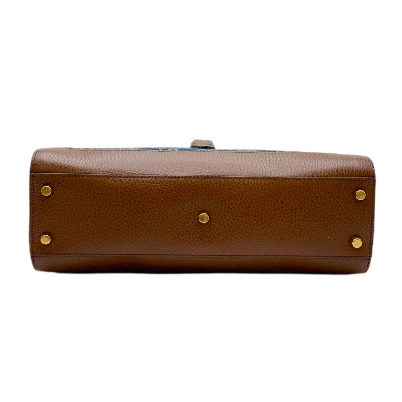 GUCCI古馳 Jackie 1961 金色鎖扣老花滿印織物皮革雙肩帶 帆布拼皮革飾邊 托特包 手提包單肩包 中號 灰藍拼色-5