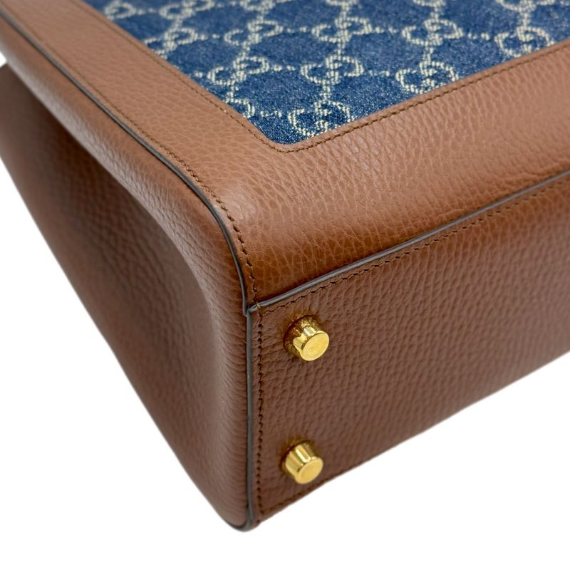 GUCCI古馳 Jackie 1961 金色鎖扣老花滿印織物皮革雙肩帶 帆布拼皮革飾邊 托特包 手提包單肩包 中號 灰藍拼色-6