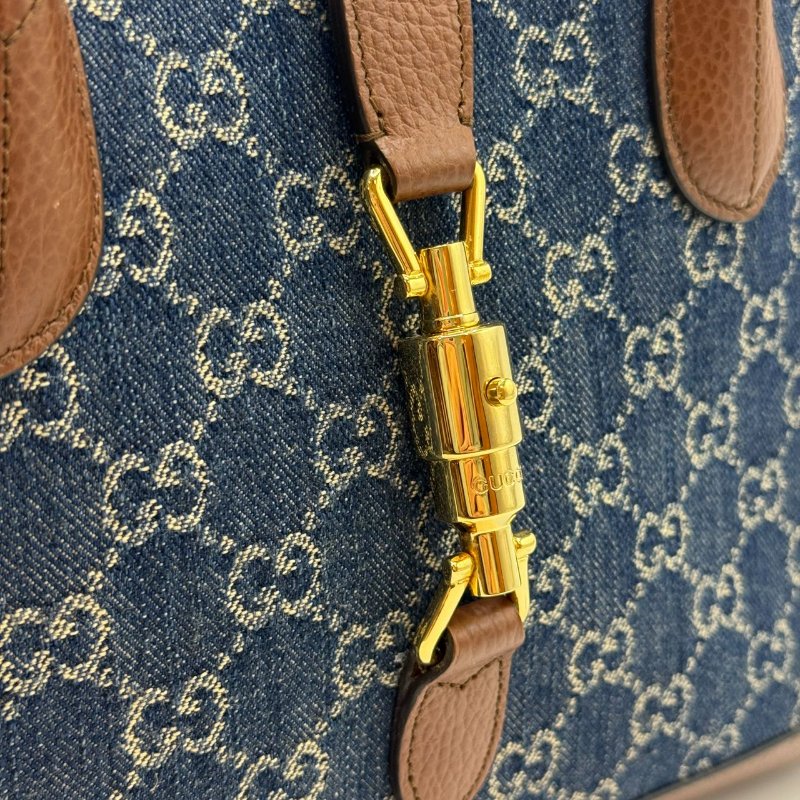 GUCCI古馳 Jackie 1961 金色鎖扣老花滿印織物皮革雙肩帶 帆布拼皮革飾邊 托特包 手提包單肩包 中號 灰藍拼色-10