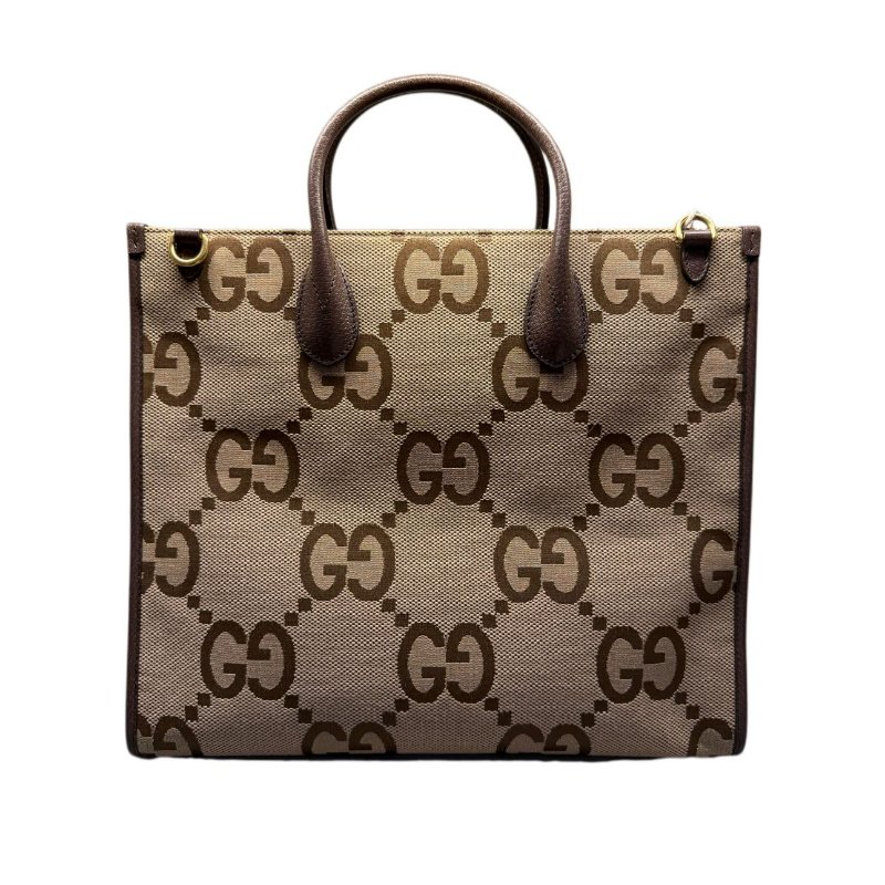 GUCCI古馳 Jumbo 超級雙G大老花Logo大容量 帆布拼皮革 托特包Tote包購物袋單肩斜挎手提包 小號 男女同款情侶款 棕色-1