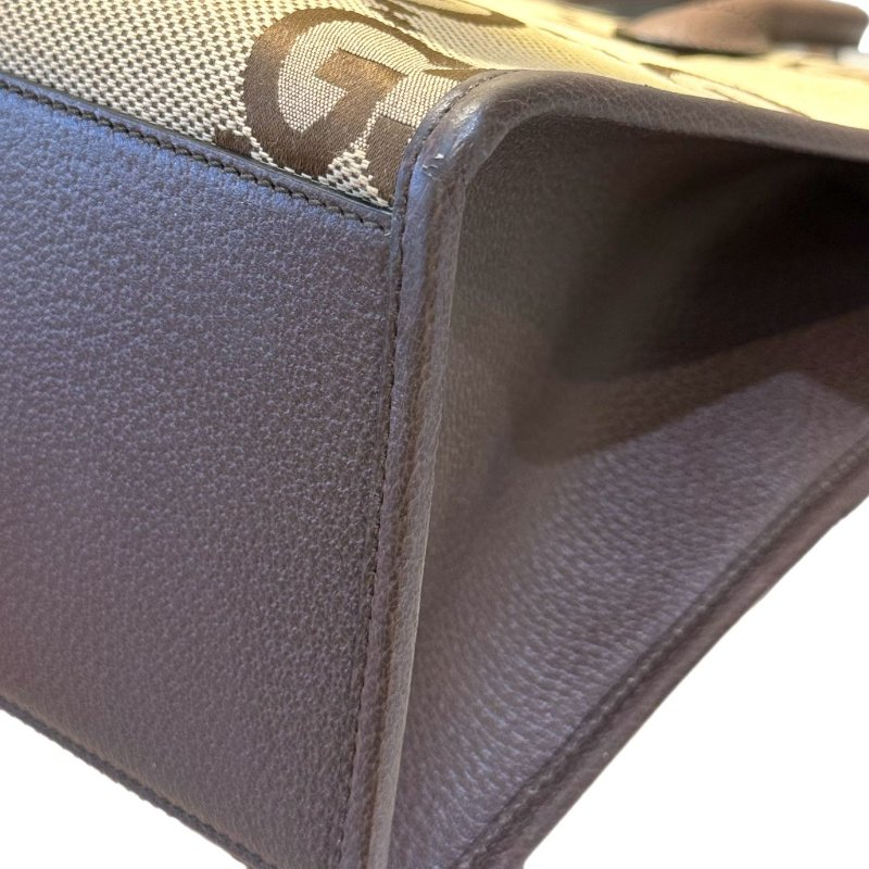 GUCCI古馳 Jumbo 超級雙G大老花Logo大容量 帆布拼皮革 托特包Tote包購物袋單肩斜挎手提包 小號 男女同款情侶款 棕色-7