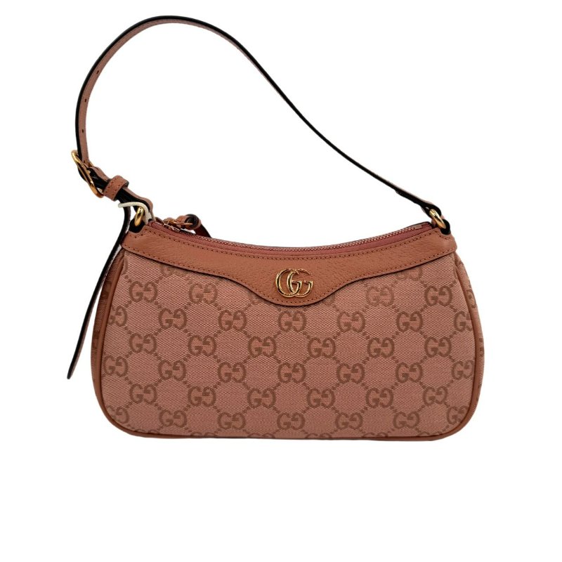 GUCCI古馳 Ophidia 經典老花滿印拉鍊開合 帆布拼皮革 單肩包手提包 小號 女款 粉色-0