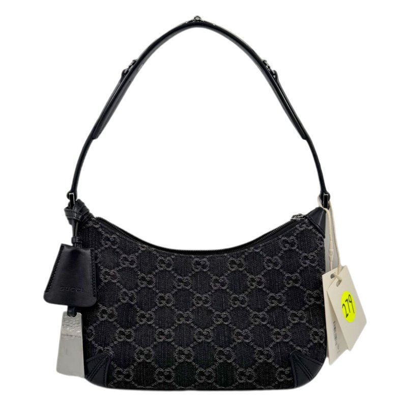 GUCCI古馳 Horsebit Slim系列 雙G徽標拉鍊開合 牛仔布拼皮革滾邊 手提單肩包 小號 女款 黑色拼灰色-0