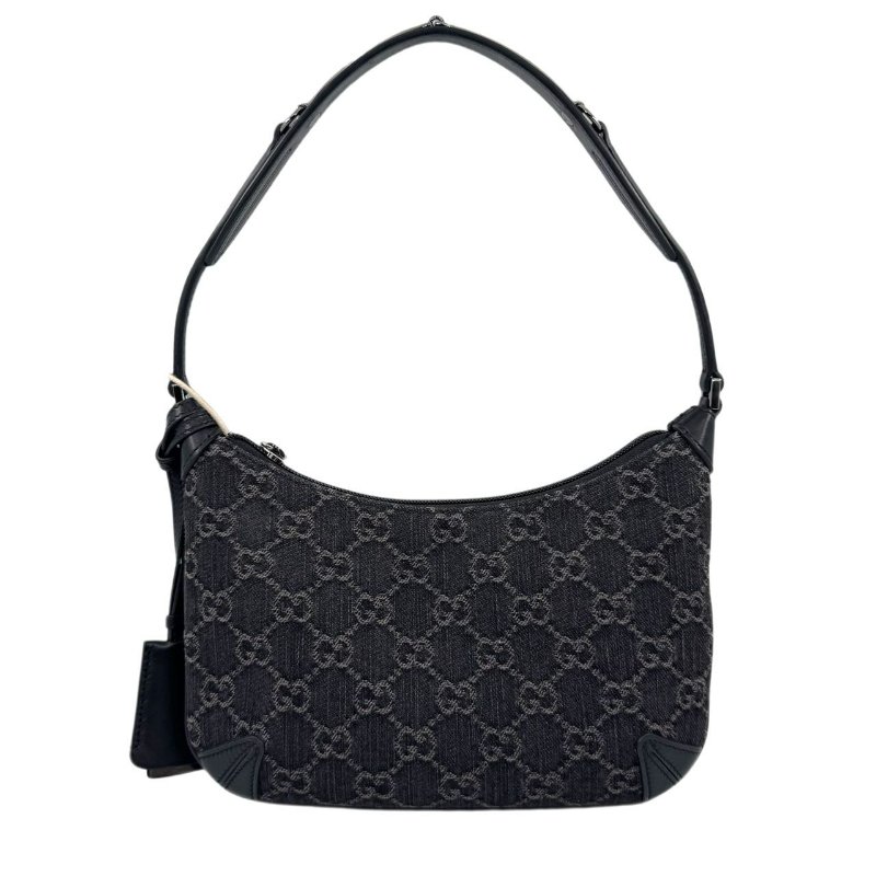 GUCCI古馳 Horsebit Slim系列 雙G徽標拉鍊開合 牛仔布拼皮革滾邊 手提單肩包 小號 女款 黑色拼灰色-1