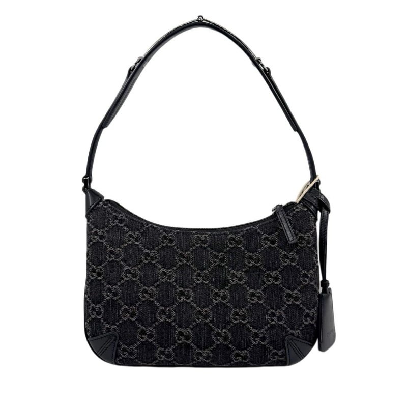 GUCCI古馳 Horsebit Slim系列 雙G徽標拉鍊開合 牛仔布拼皮革滾邊 手提單肩包 小號 女款 黑色拼灰色-2