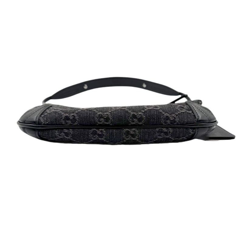 GUCCI古馳 Horsebit Slim系列 雙G徽標拉鍊開合 牛仔布拼皮革滾邊 手提單肩包 小號 女款 黑色拼灰色-5