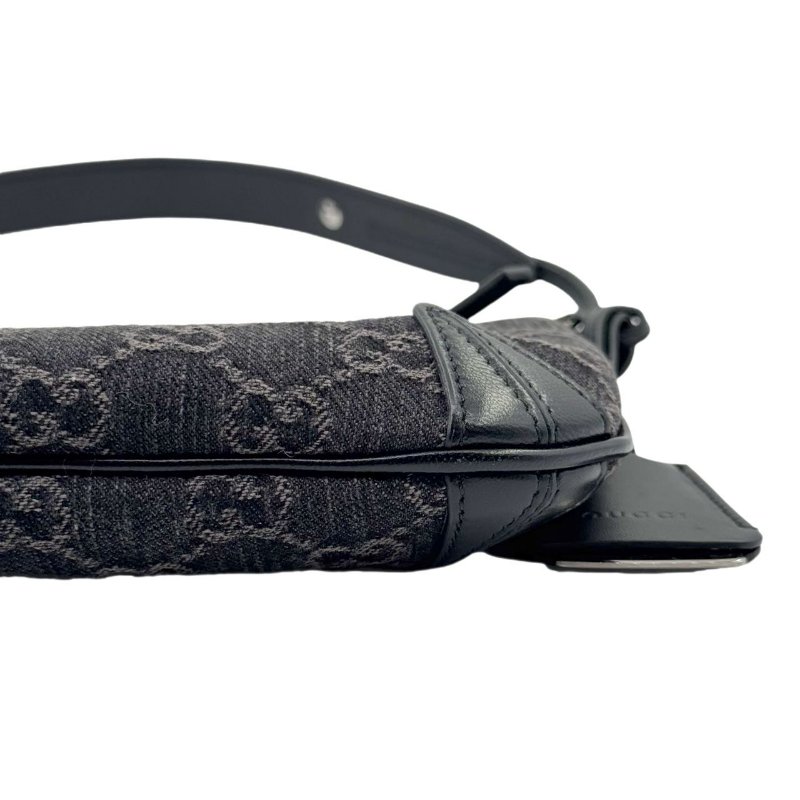 GUCCI古馳 Horsebit Slim系列 雙G徽標拉鍊開合 牛仔布拼皮革滾邊 手提單肩包 小號 女款 黑色拼灰色-6