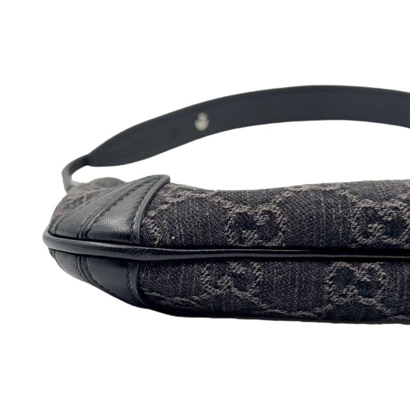 GUCCI古馳 Horsebit Slim系列 雙G徽標拉鍊開合 牛仔布拼皮革滾邊 手提單肩包 小號 女款 黑色拼灰色-7