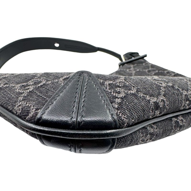 GUCCI古馳 Horsebit Slim系列 雙G徽標拉鍊開合 牛仔布拼皮革滾邊 手提單肩包 小號 女款 黑色拼灰色-8