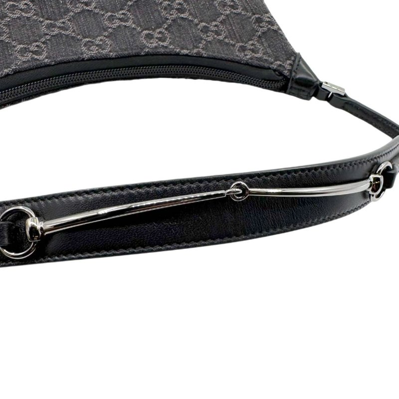 GUCCI古馳 Horsebit Slim系列 雙G徽標拉鍊開合 牛仔布拼皮革滾邊 手提單肩包 小號 女款 黑色拼灰色-11