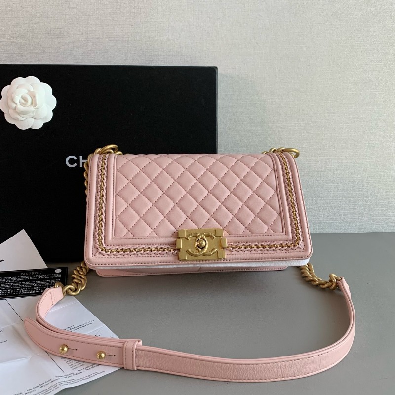 Chanel香奈兒 leboy中號 粉金羊皮 限量宮廷編織滾邊款 肩背包斜背包-0