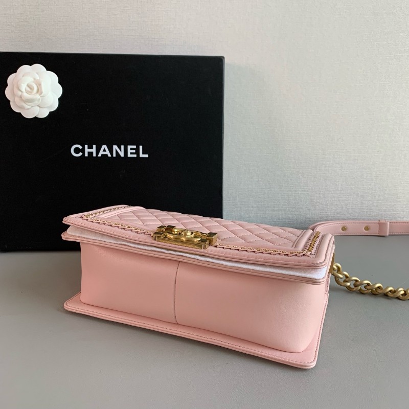 Chanel香奈兒 leboy中號 粉金羊皮 限量宮廷編織滾邊款 肩背包斜背包-3