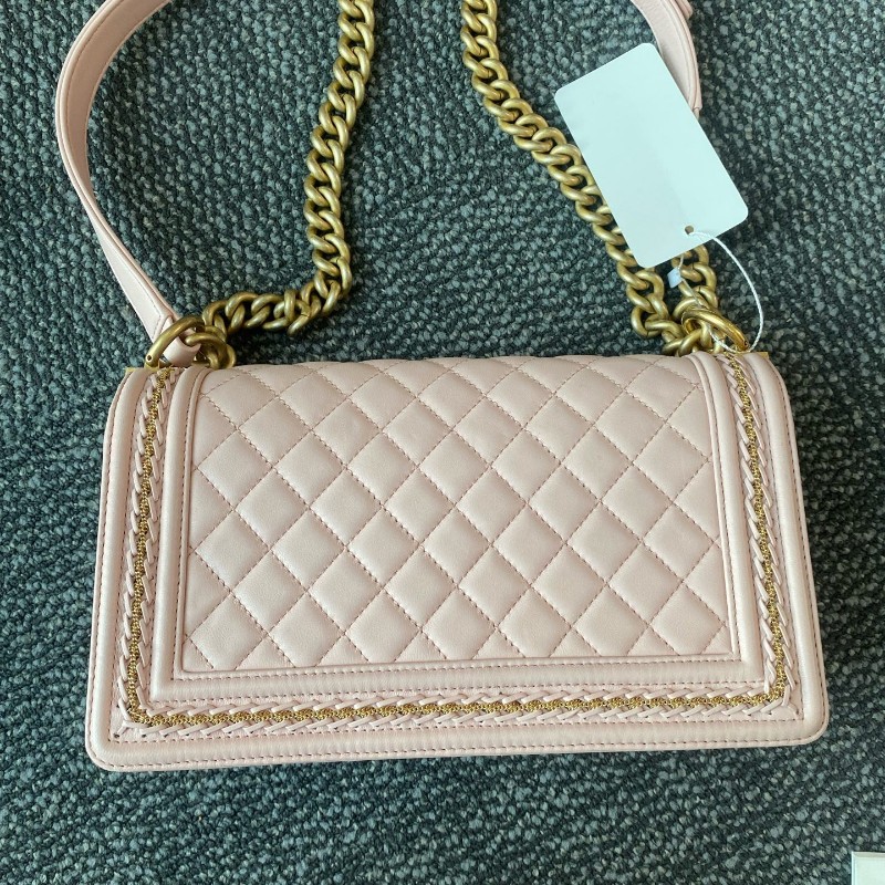 Chanel香奈兒 leboy中號 粉金羊皮 限量宮廷編織滾邊款 肩背包斜背包-9