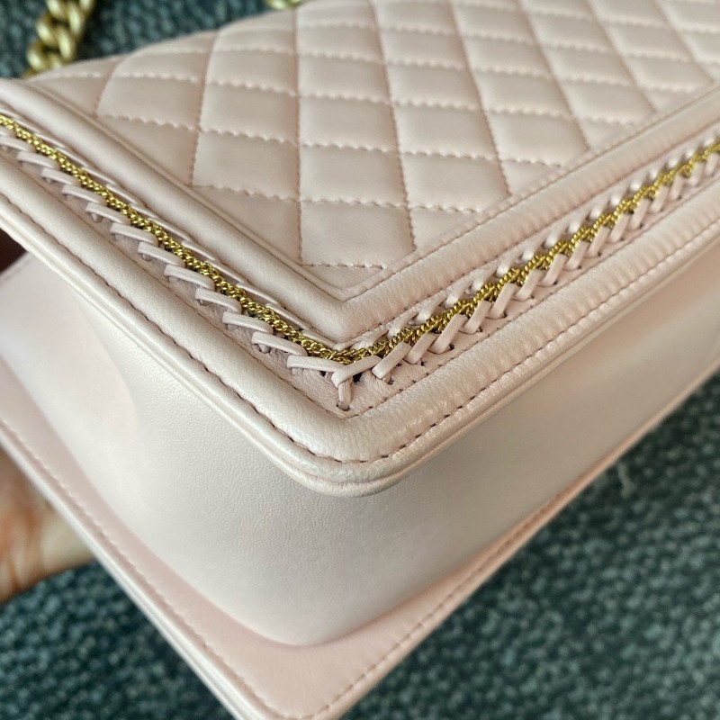 Chanel香奈兒 leboy中號 粉金羊皮 限量宮廷編織滾邊款 肩背包斜背包-11