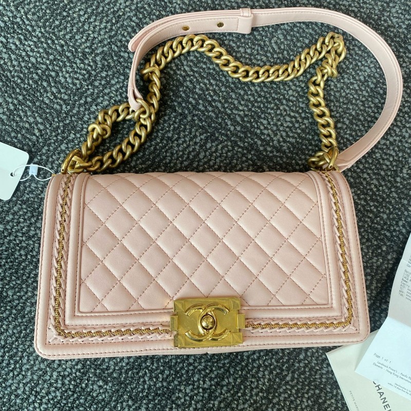 Chanel香奈兒 leboy中號 粉金羊皮 限量宮廷編織滾邊款 肩背包斜背包-20