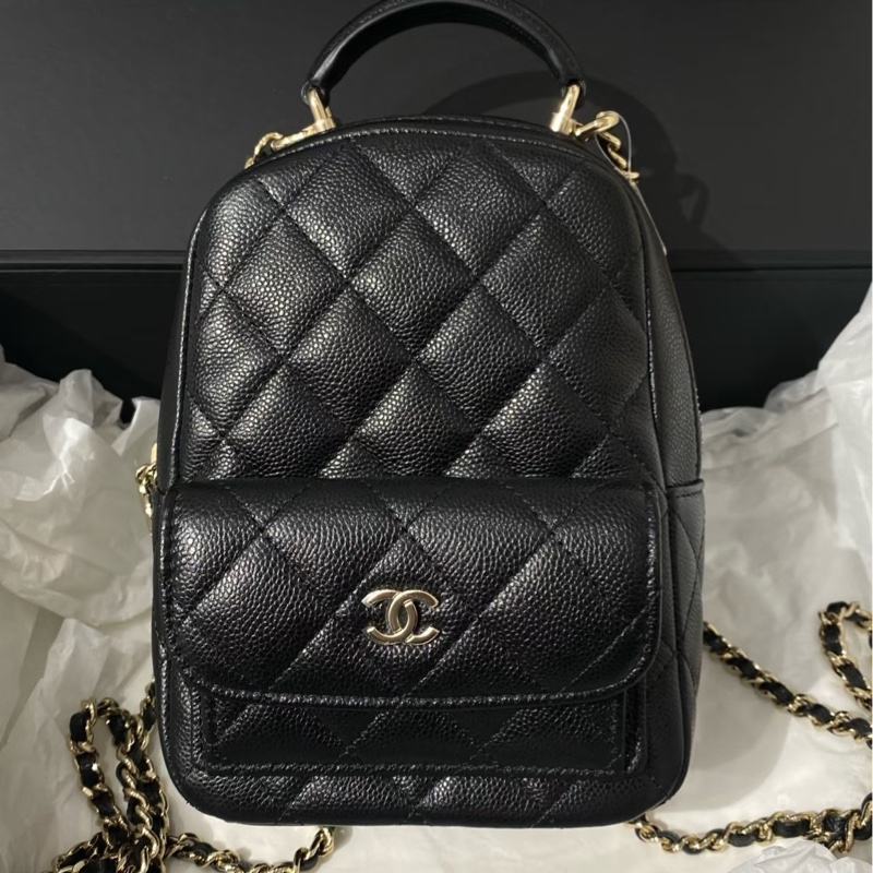 Chanel 小書包 淡金扣 後背包 黑色荔枝皮-0
