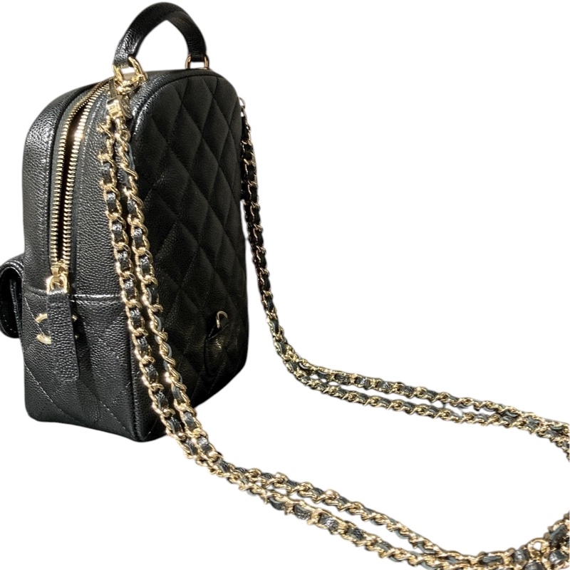 Chanel 小書包 淡金扣 後背包 黑色荔枝皮-7