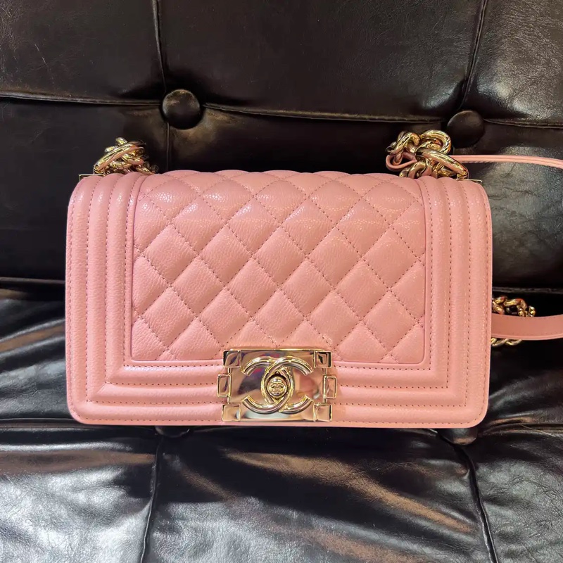 Chanel leboy小號 25P櫻花粉色荔枝牛皮 金色五金 肩揹包斜揹包 晶片款-0
