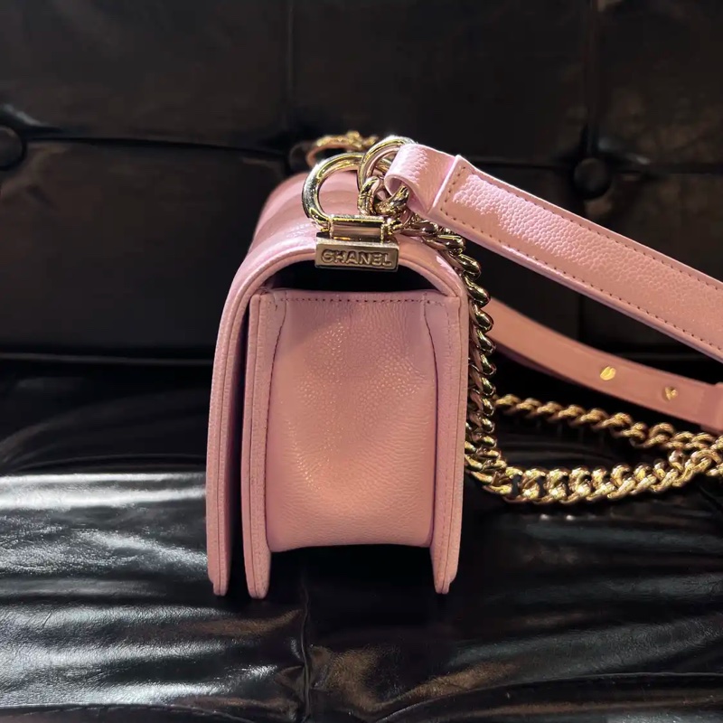 Chanel leboy小號 25P櫻花粉色荔枝牛皮 金色五金 肩揹包斜揹包 晶片款-3
