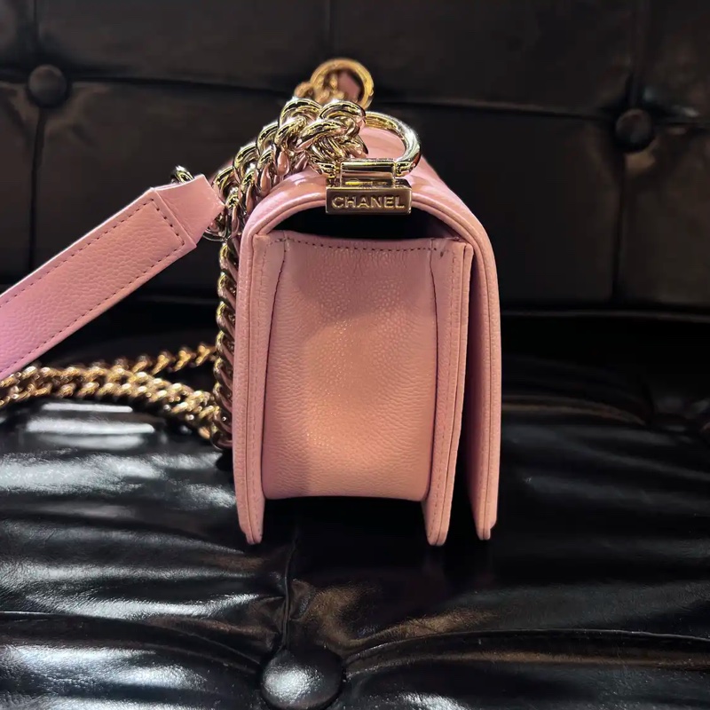 Chanel leboy小號 25P櫻花粉色荔枝牛皮 金色五金 肩揹包斜揹包 晶片款-4