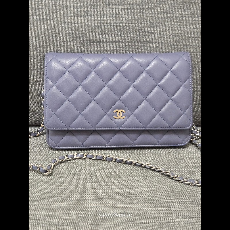 香奈兒 Chanel woc 藍紫色 紫灰色 銀色 雙C logo 鍊條包-2