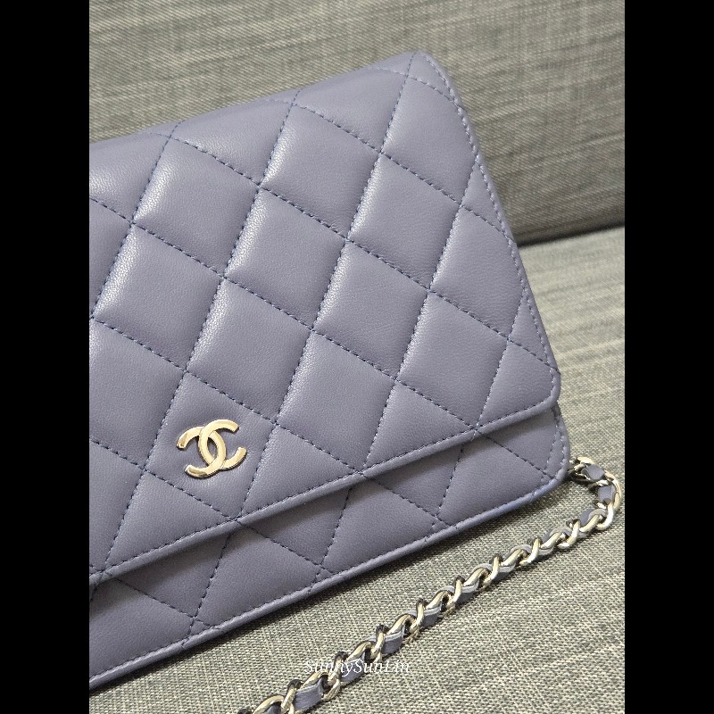 香奈兒 Chanel woc 藍紫色 紫灰色 銀色 雙C logo 鍊條包-3