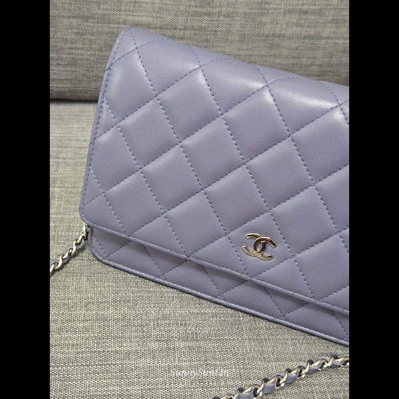 香奈兒 Chanel woc 藍紫色 紫灰色 銀色 雙C logo 鍊條包-4