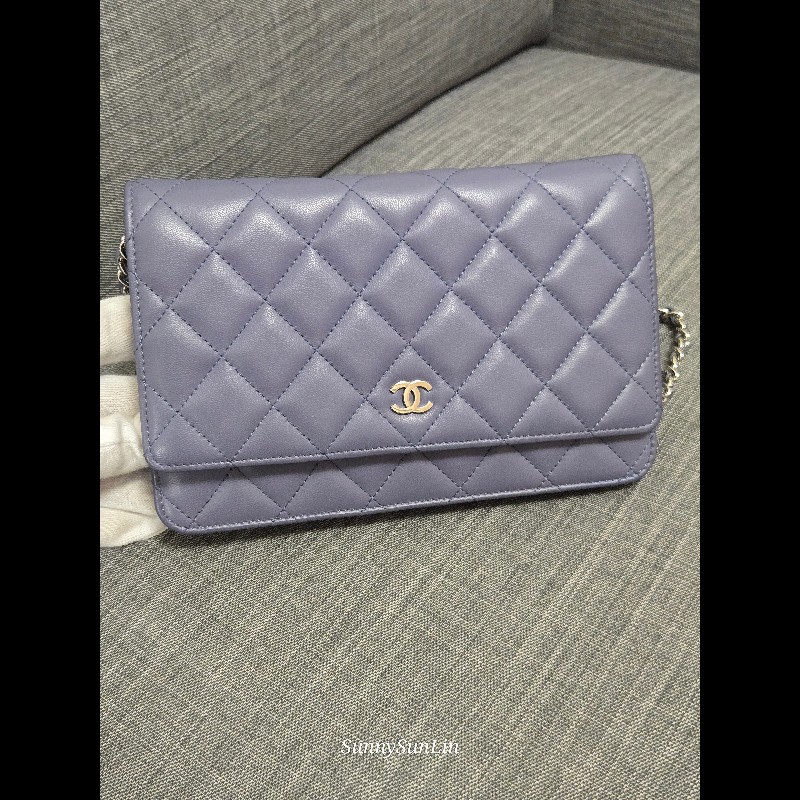 香奈兒 Chanel woc 藍紫色 紫灰色 銀色 雙C logo 鍊條包-8