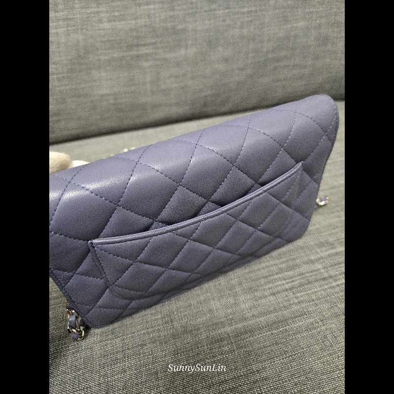 香奈兒 Chanel woc 藍紫色 紫灰色 銀色 雙C logo 鍊條包-11