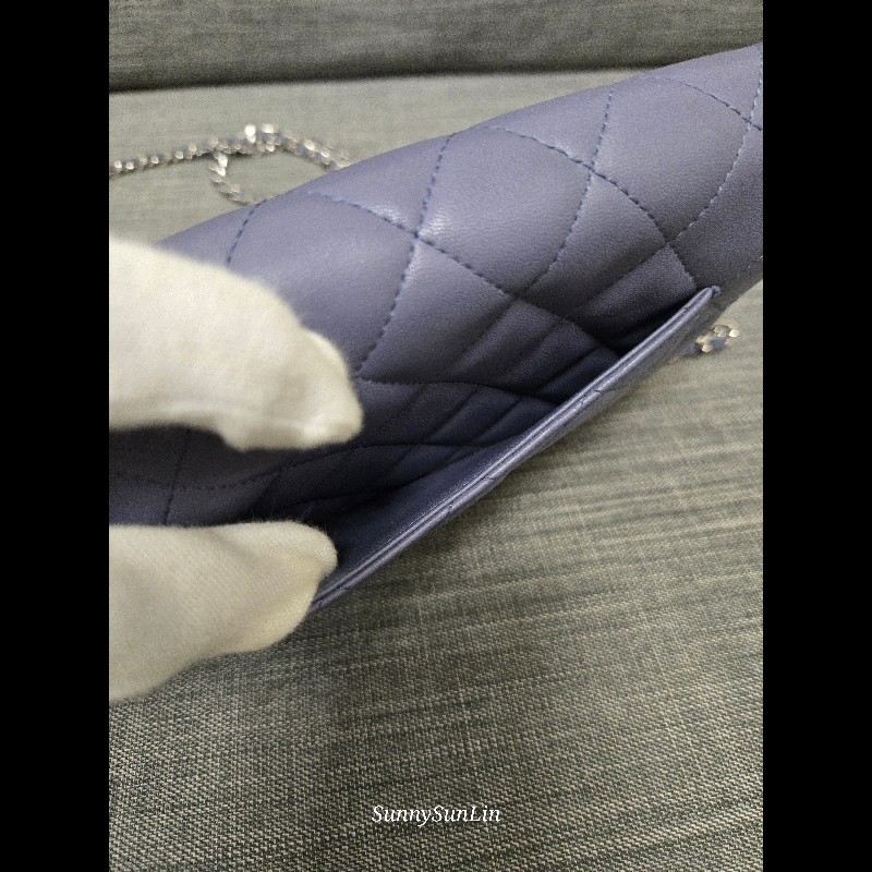 香奈兒 Chanel woc 藍紫色 紫灰色 銀色 雙C logo 鍊條包-12