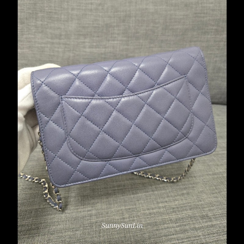 香奈兒 Chanel woc 藍紫色 紫灰色 銀色 雙C logo 鍊條包-16