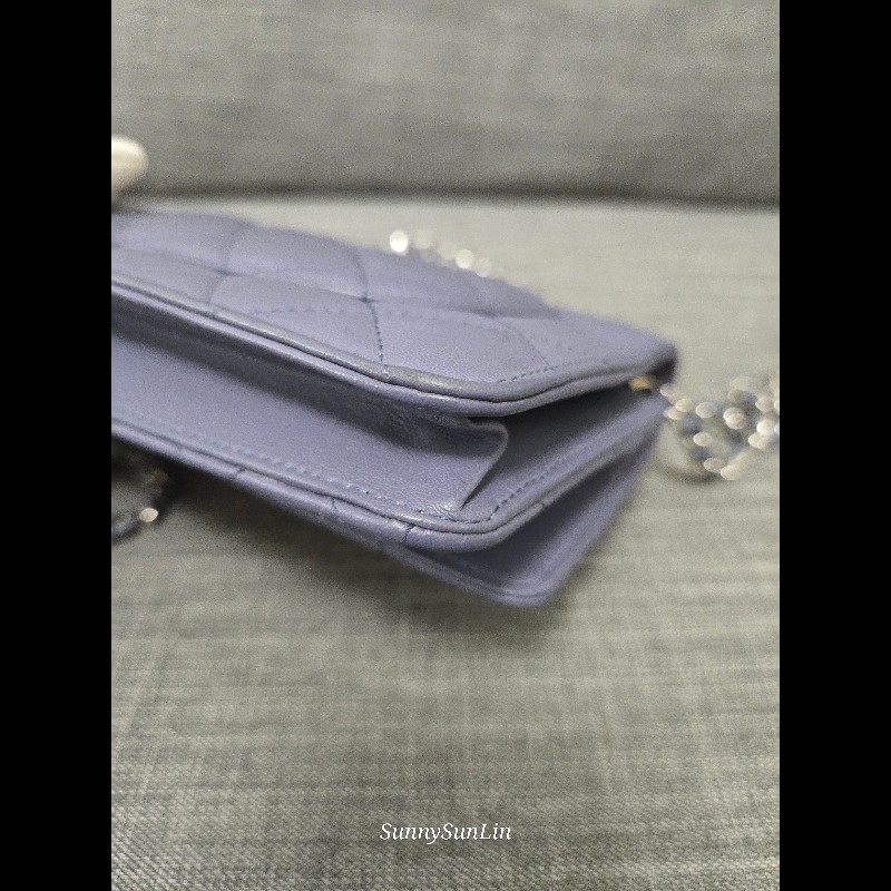 香奈兒 Chanel woc 藍紫色 紫灰色 銀色 雙C logo 鍊條包-22