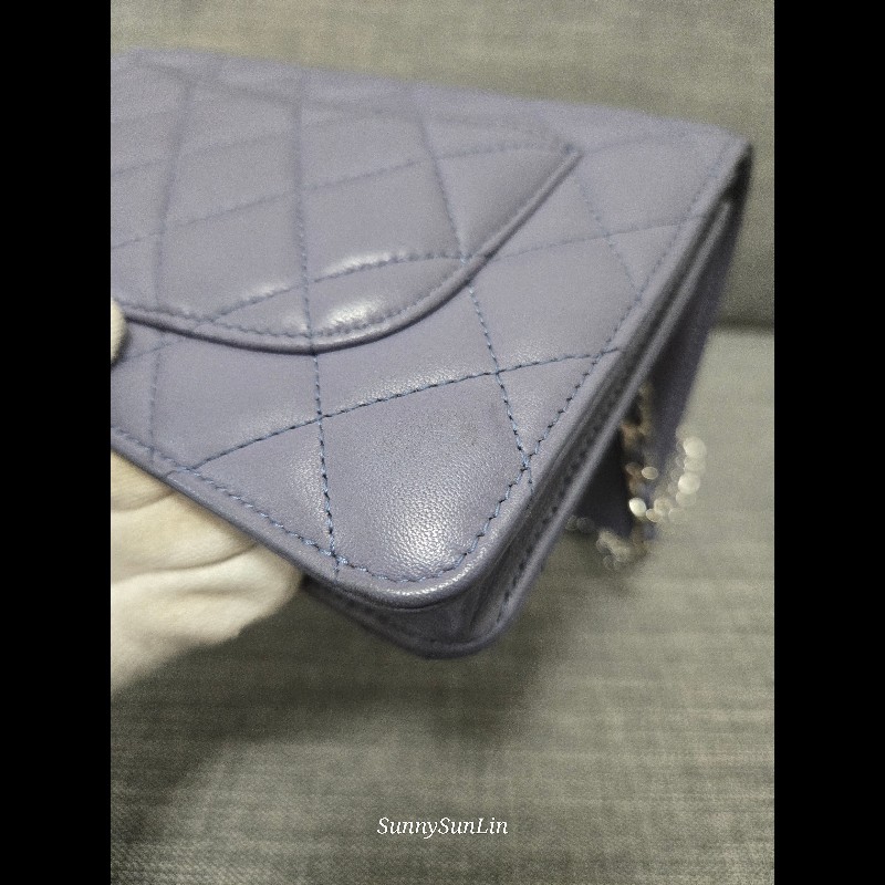 香奈兒 Chanel woc 藍紫色 紫灰色 銀色 雙C logo 鍊條包-33