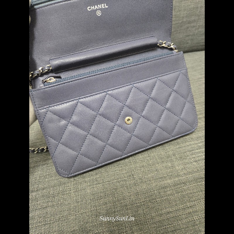 香奈兒 Chanel woc 藍紫色 紫灰色 銀色 雙C logo 鍊條包-38