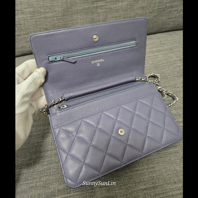 香奈兒 Chanel woc 藍紫色 紫灰色 銀色 雙C logo 鍊條包-44
