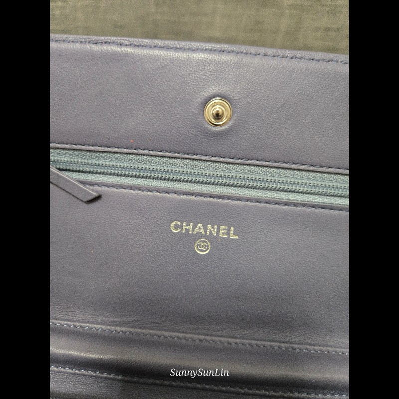 香奈兒 Chanel woc 藍紫色 紫灰色 銀色 雙C logo 鍊條包-45