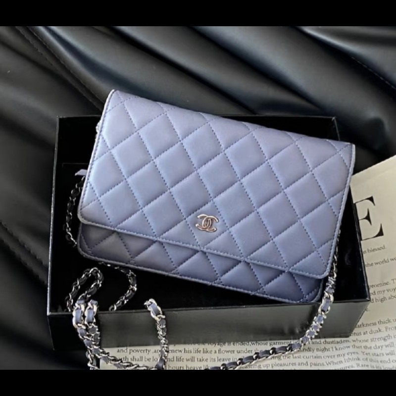 香奈兒 Chanel woc 藍紫色 紫灰色 銀色 雙C logo 鍊條包-5