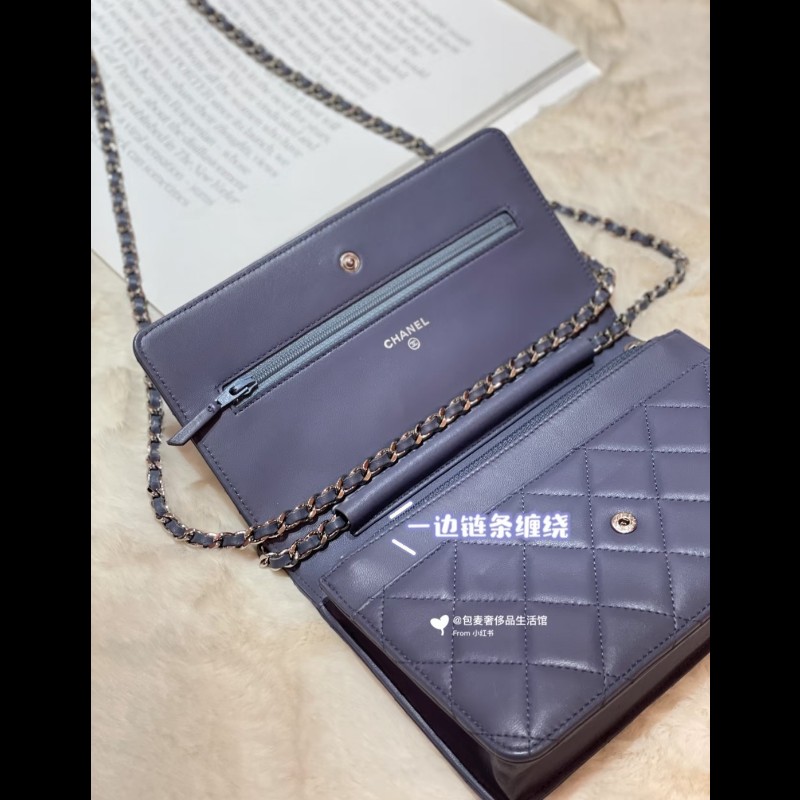 香奈兒 Chanel woc 藍紫色 紫灰色 銀色 雙C logo 鍊條包-6