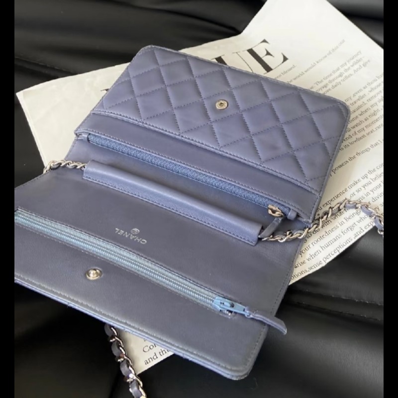 香奈兒 Chanel woc 藍紫色 紫灰色 銀色 雙C logo 鍊條包-7