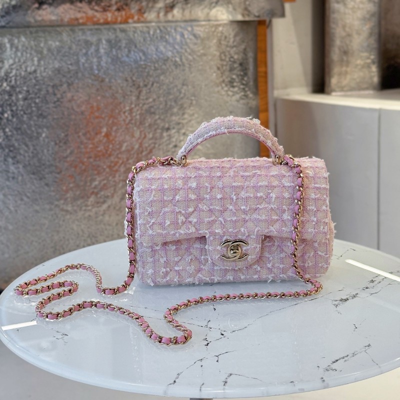 CHANEL 香奈兒24P粉色毛呢手柄CF mini 晶片款-0
