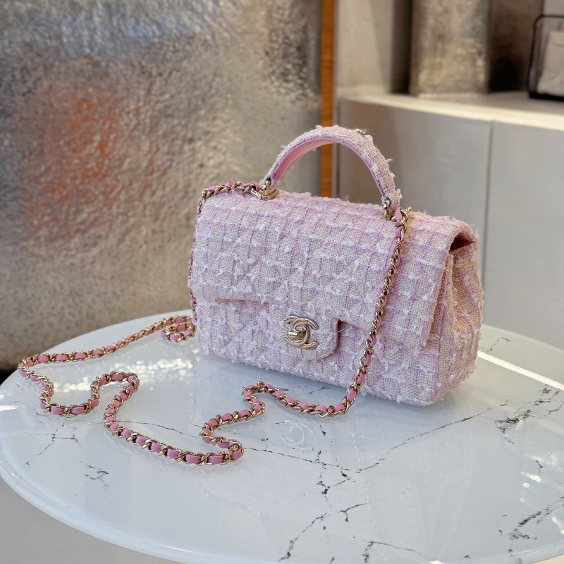 CHANEL 香奈兒24P粉色毛呢手柄CF mini 晶片款-1