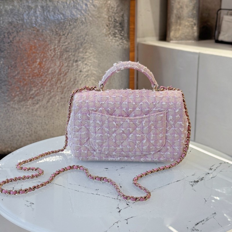 CHANEL 香奈兒24P粉色毛呢手柄CF mini 晶片款-2