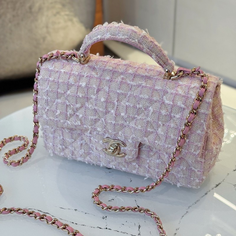 CHANEL 香奈兒24P粉色毛呢手柄CF mini 晶片款-3