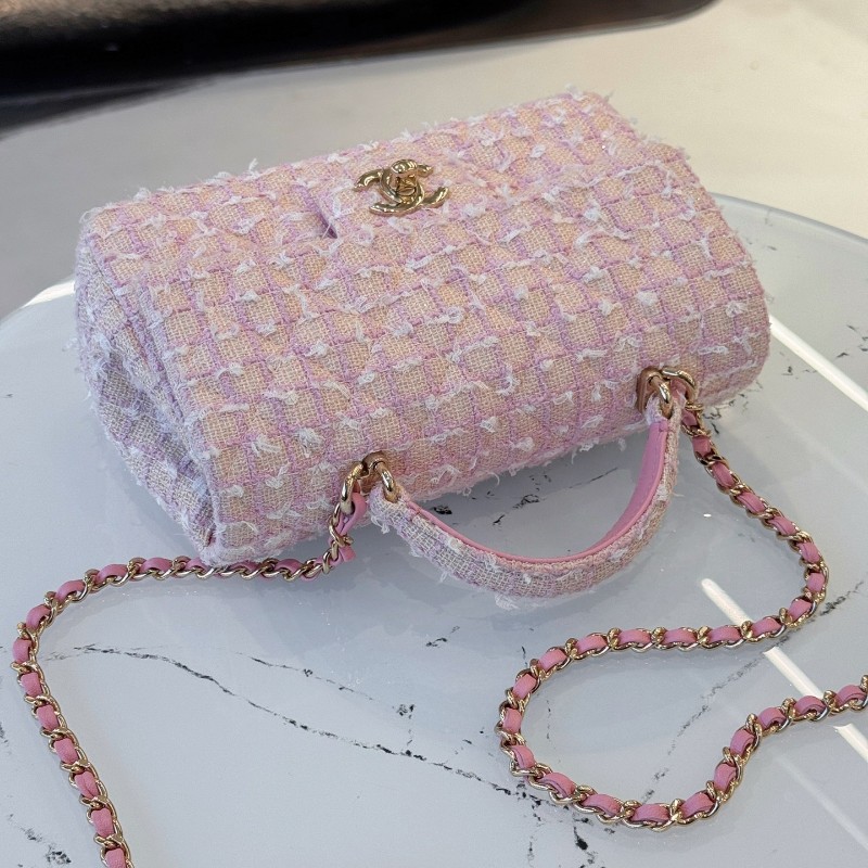 CHANEL 香奈兒24P粉色毛呢手柄CF mini 晶片款-4