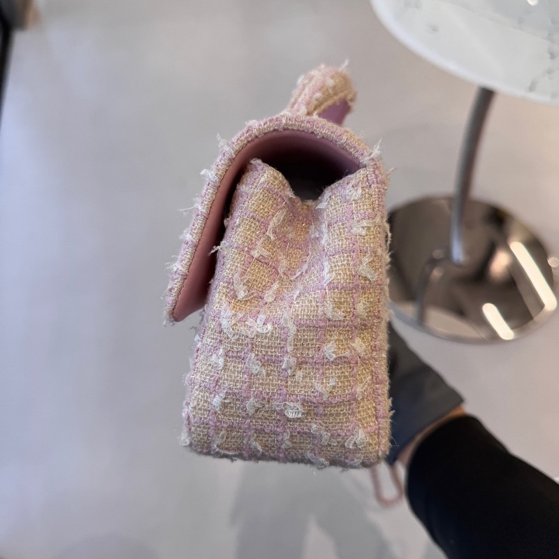 CHANEL 香奈兒24P粉色毛呢手柄CF mini 晶片款-5