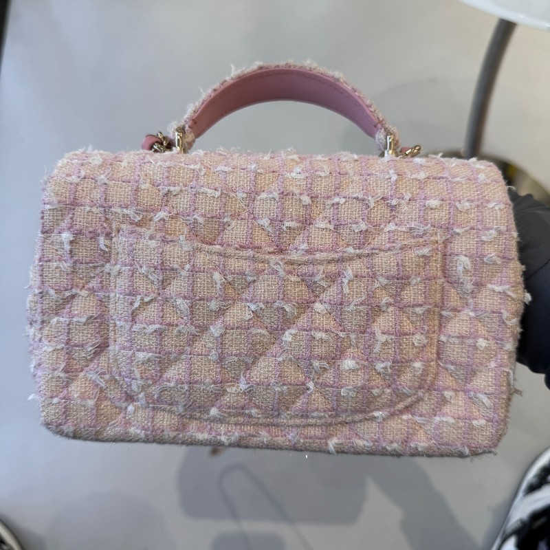 CHANEL 香奈兒24P粉色毛呢手柄CF mini 晶片款-9