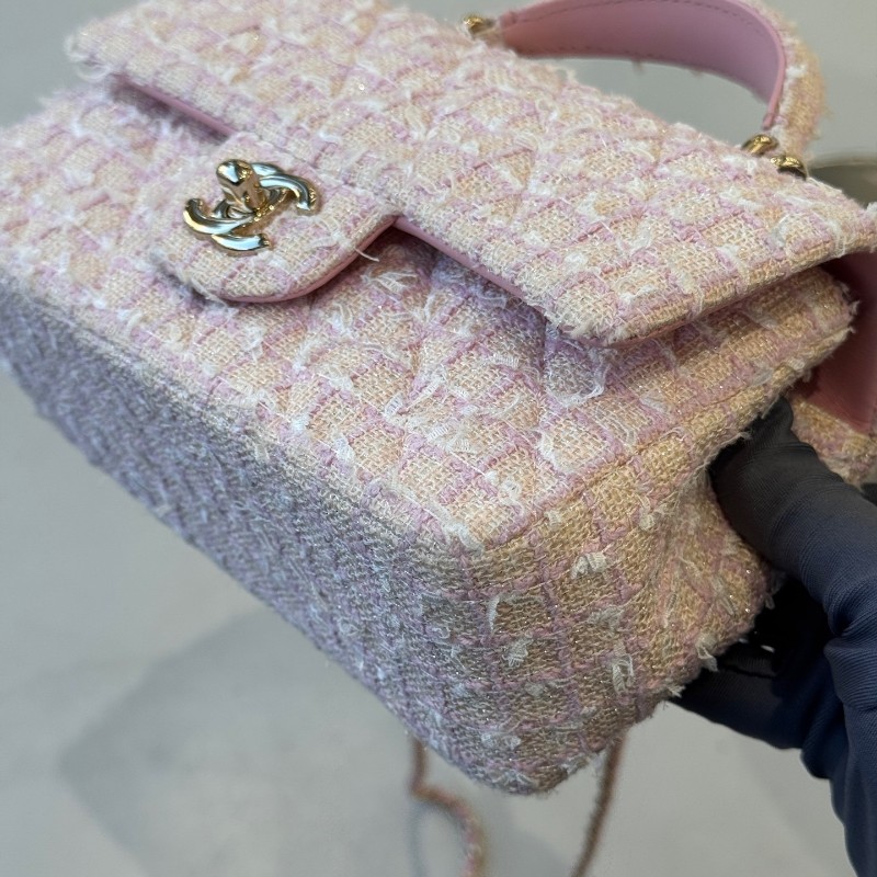 CHANEL 香奈兒24P粉色毛呢手柄CF mini 晶片款-11