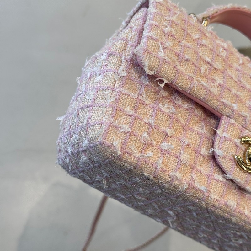CHANEL 香奈兒24P粉色毛呢手柄CF mini 晶片款-13
