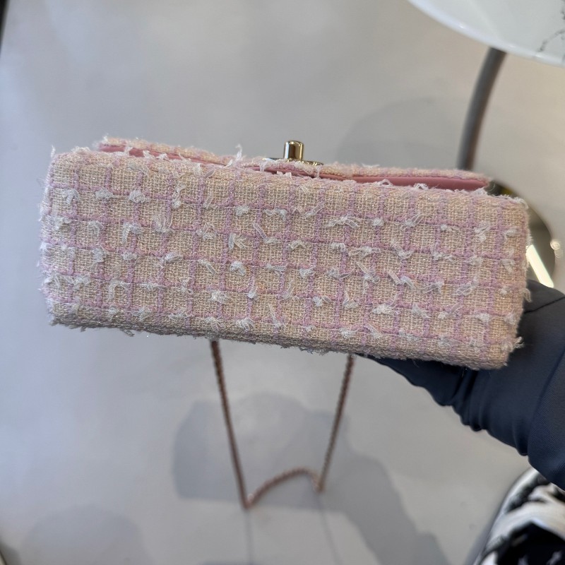 CHANEL 香奈兒24P粉色毛呢手柄CF mini 晶片款-14